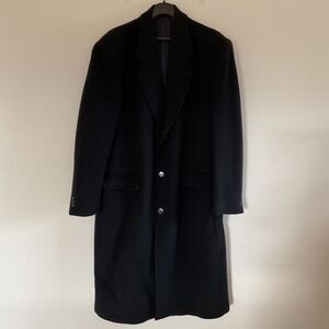 Nino Cerruti Overcoat Mens 44L Cashmere Blend Black Trench Coat Single Breasted
